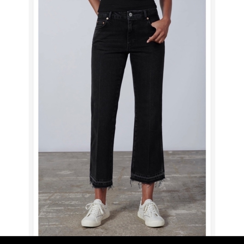 Zara Washed Black Cropped Wide-Leg Jeans
